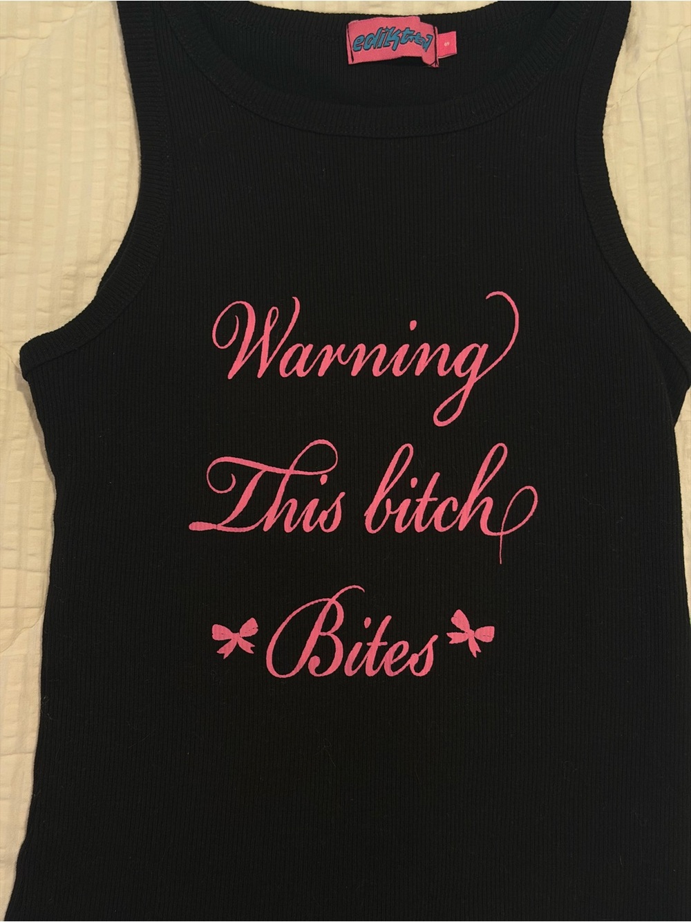 Edikted Black Ribbed Tank Top with Pink Script - Picture 3 of 5